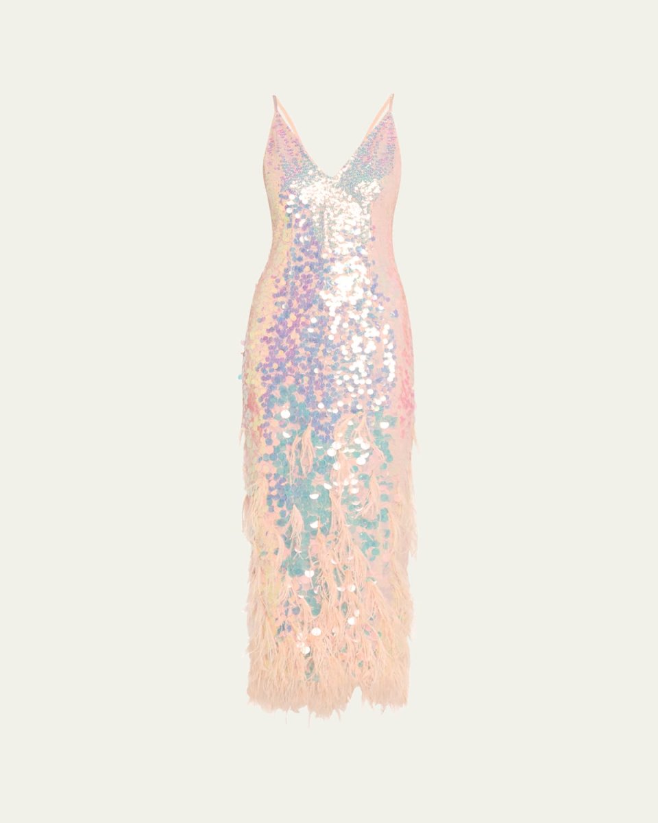 Miriana Iridescent Sequined Midi Dress with Feathers